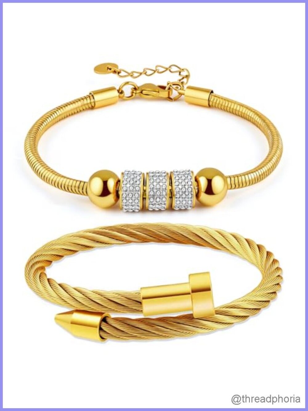 18K Gold Plated Bangle & Chain Bracelet Set for Women, Adjustable Stackable